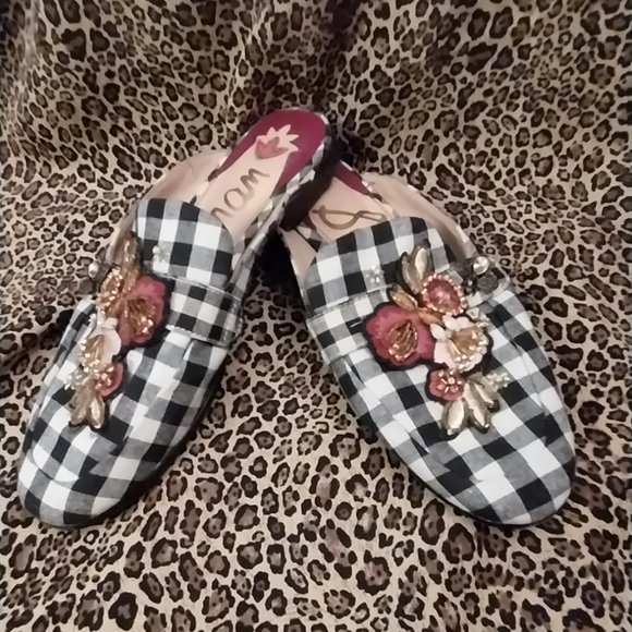 2723 Size 7.5 Sam Edelman Black And White Embellished Slides - Picture 2 of 9